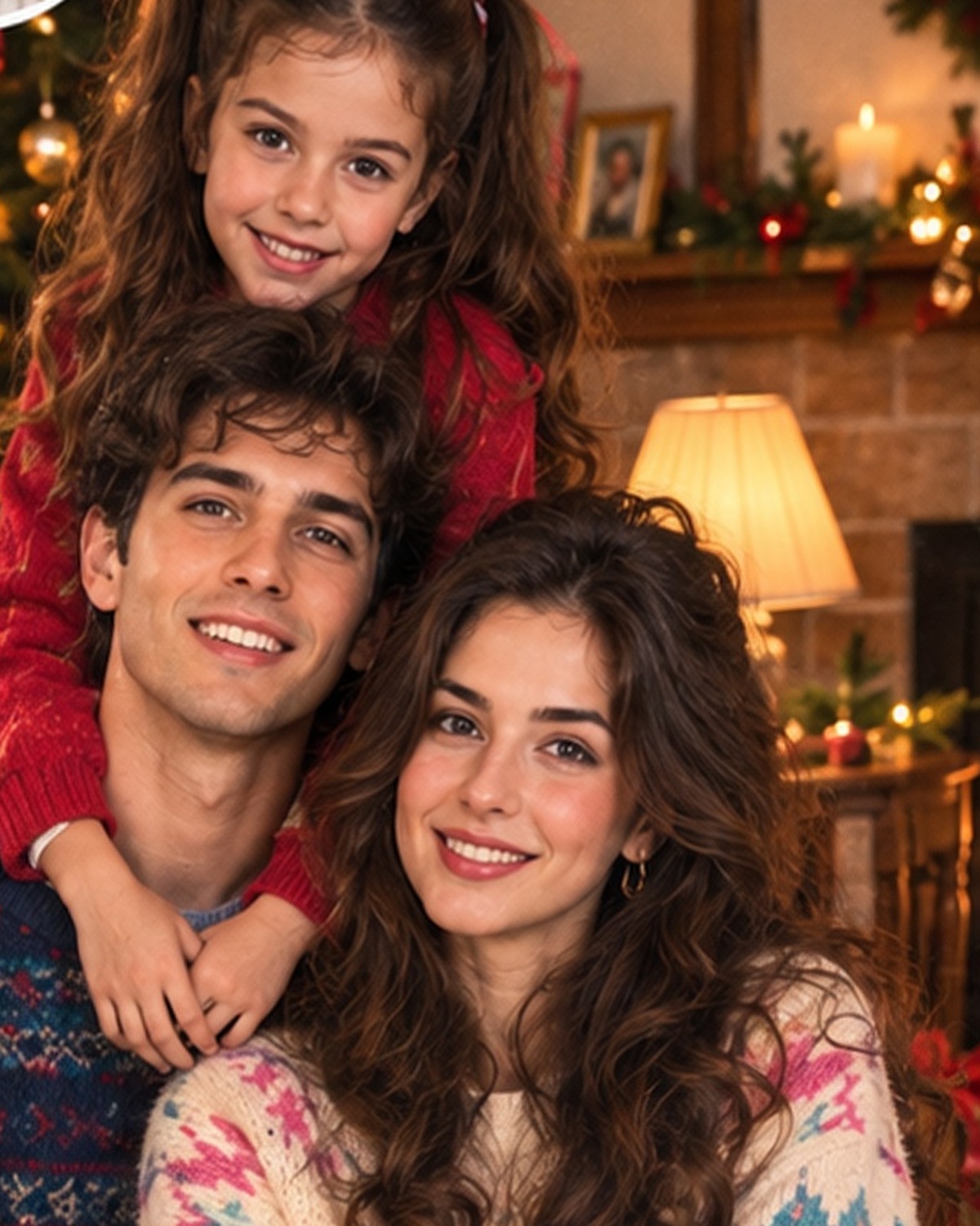 1980s vintage family Christmas photo with decorated tree, fireplace and retro sweaters