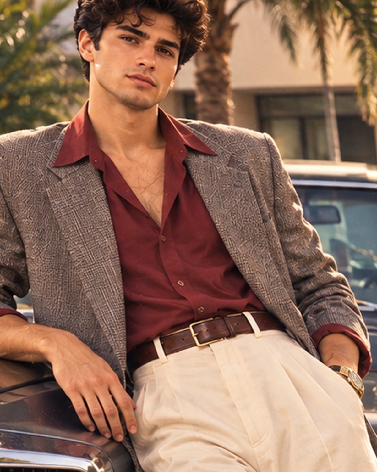 Elegant retro 1980s male fashion portrait beside a classic luxury sedan